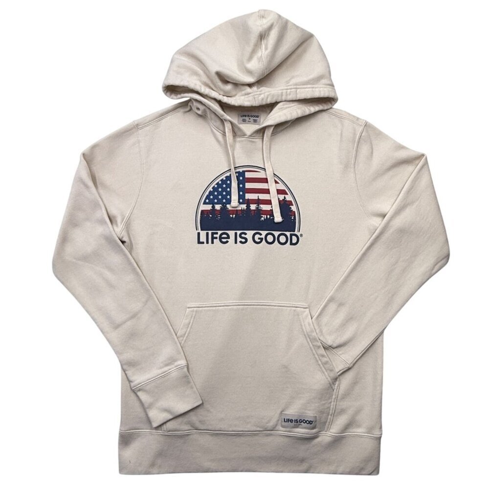 Life is Good American Flag Trees Graphic Hoodie Patriotic USA Forest Cream Men M